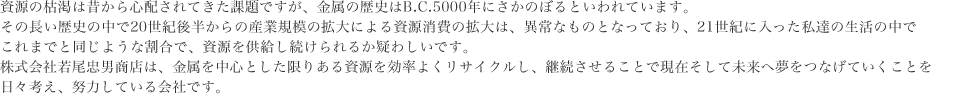 資源の枯渇は昔から心配されてきた課題ですが、金属の歴史はB.C.5000年にさかのぼるといわれています。その長い歴史の中で20世紀後半からの産業規模の拡大による資源消費の拡大は、異常なものとなっており、21世紀に入った私達の生活の中でこれまでと同じような割合で、資源を供給し続けられるか疑わしいです。株式会社若尾忠男商店は、金属を中心とした限りある資源を効率よくリサイクルし、継続させることで現在そして未来へ夢をつなげていくことを日々考え、努力している会社です。